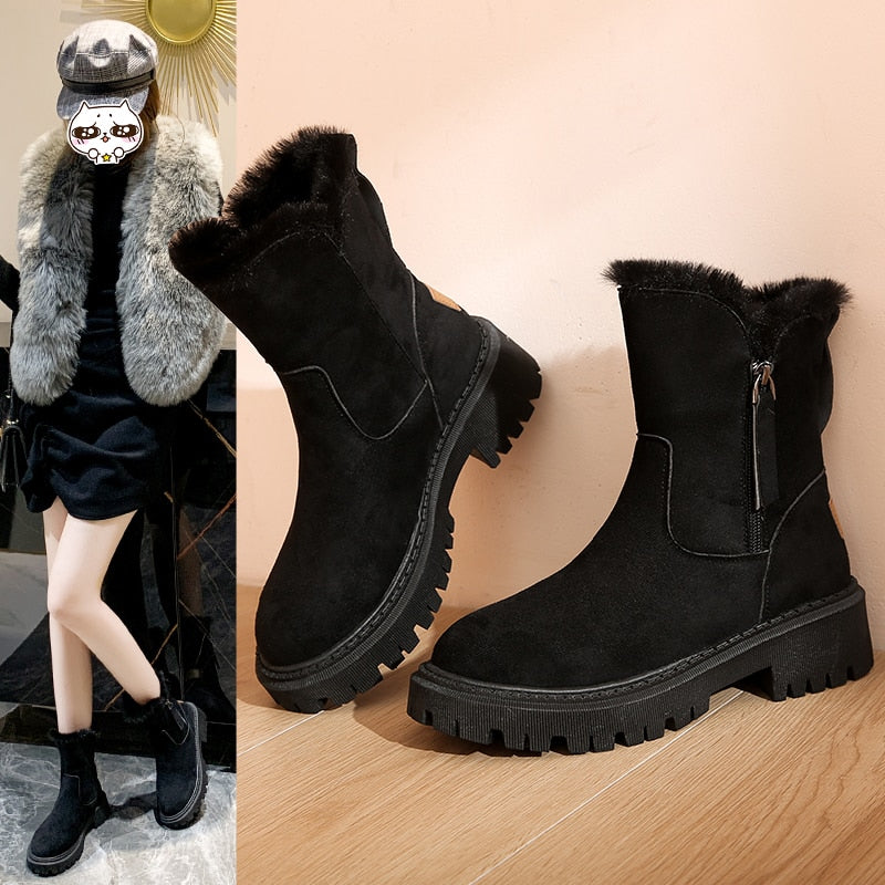 Damen Winterstiefel mit Plüschbesatz und Reissverschluss