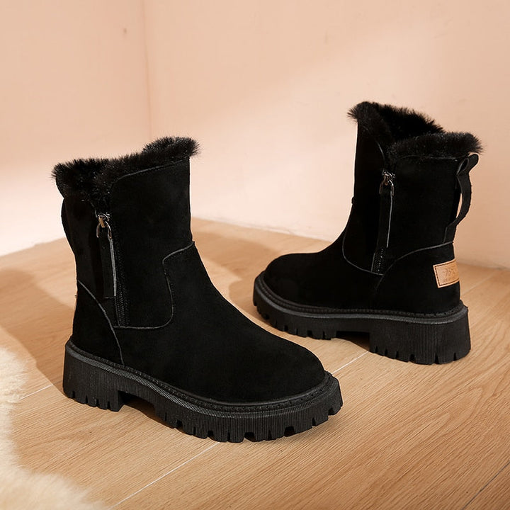Damen Winterstiefel mit Plüschbesatz und Reissverschluss