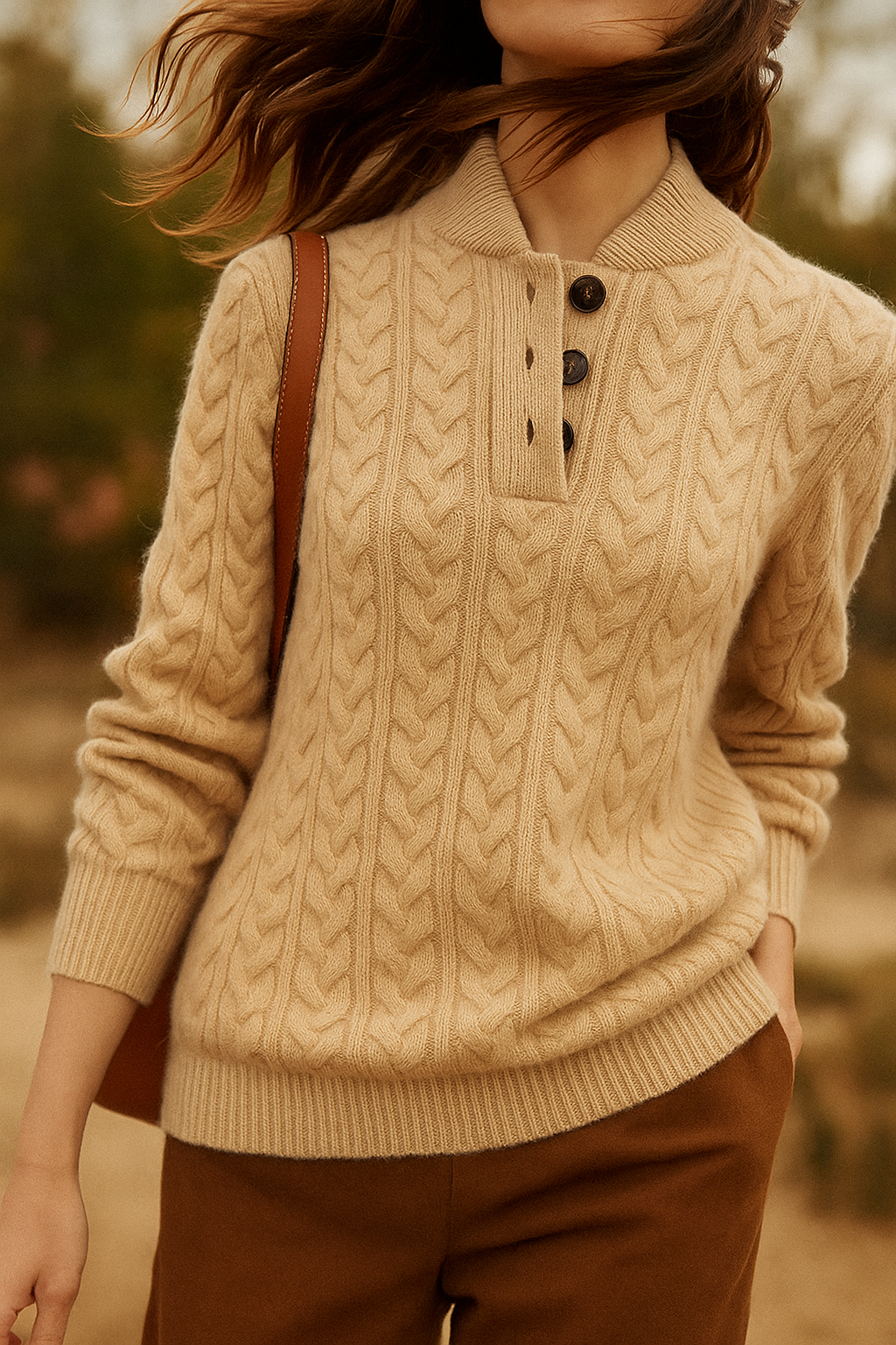 Damen Zopfstrickpullover mit Knopfleiste am Stehkragen