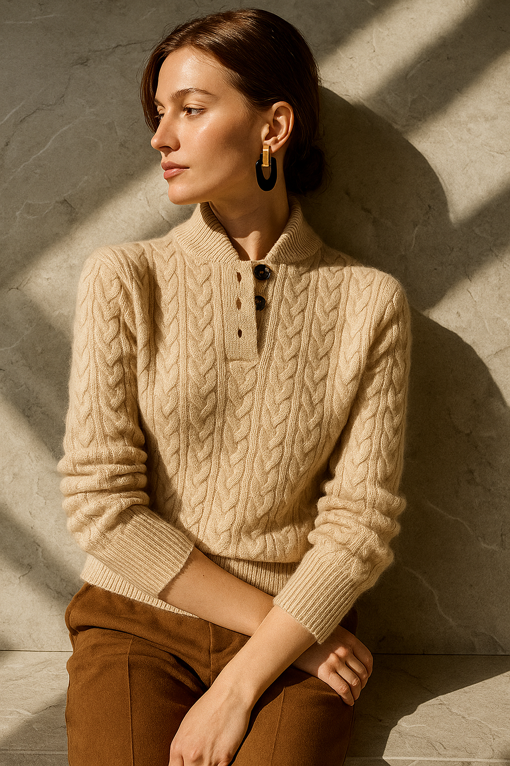 Damen Zopfstrickpullover mit Knopfleiste am Stehkragen