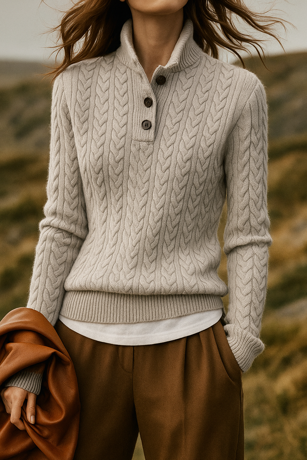 Damen Zopfstrickpullover mit Knopfleiste am Stehkragen