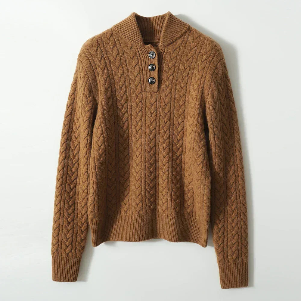 Damen Zopfstrickpullover mit Knopfleiste am Stehkragen
