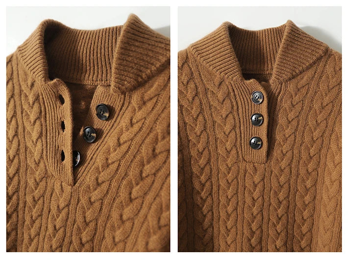 Damen Zopfstrickpullover mit Knopfleiste am Stehkragen