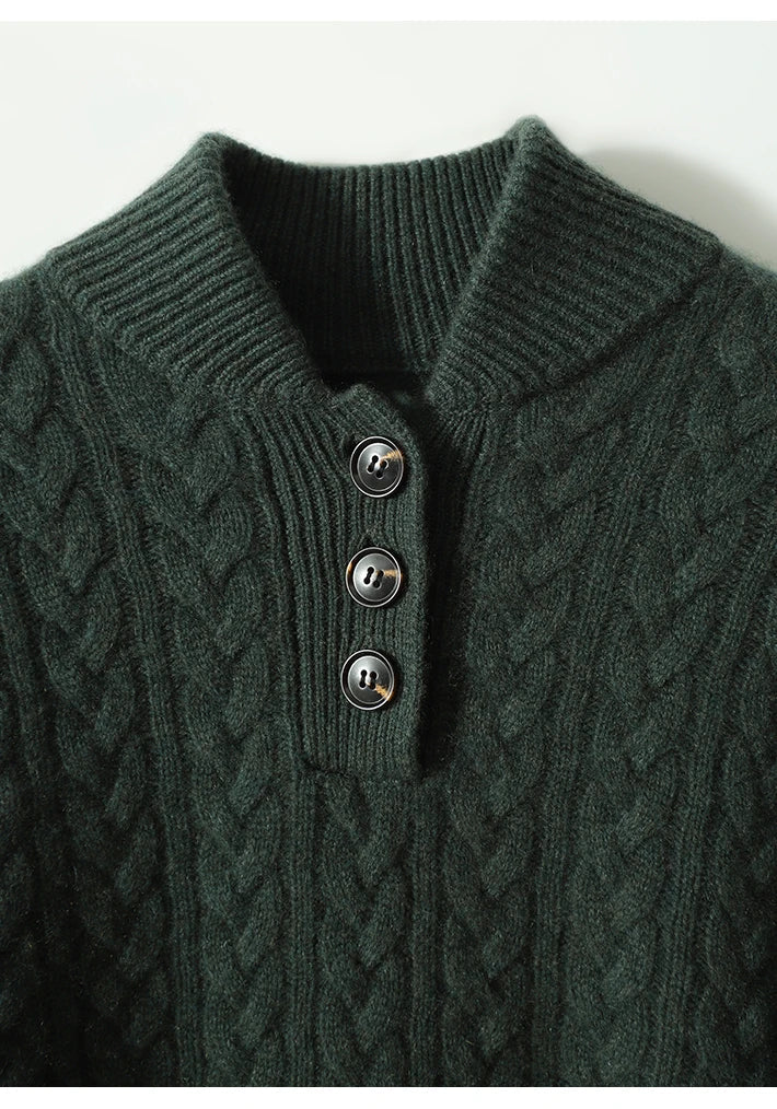 Damen Zopfstrickpullover mit Knopfleiste am Stehkragen