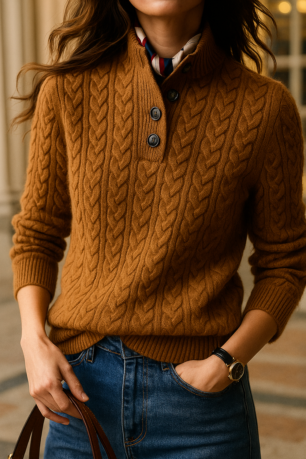 Damen Zopfstrickpullover mit Knopfleiste am Stehkragen