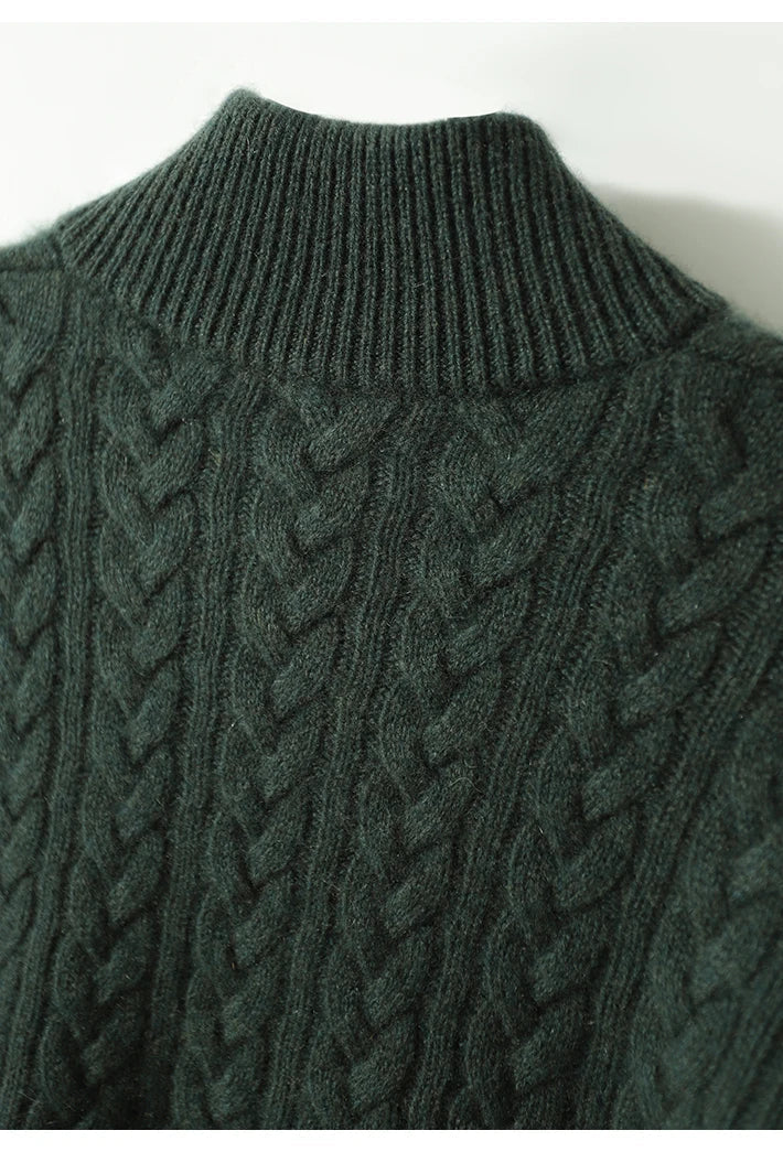 Damen Zopfstrickpullover mit Knopfleiste am Stehkragen