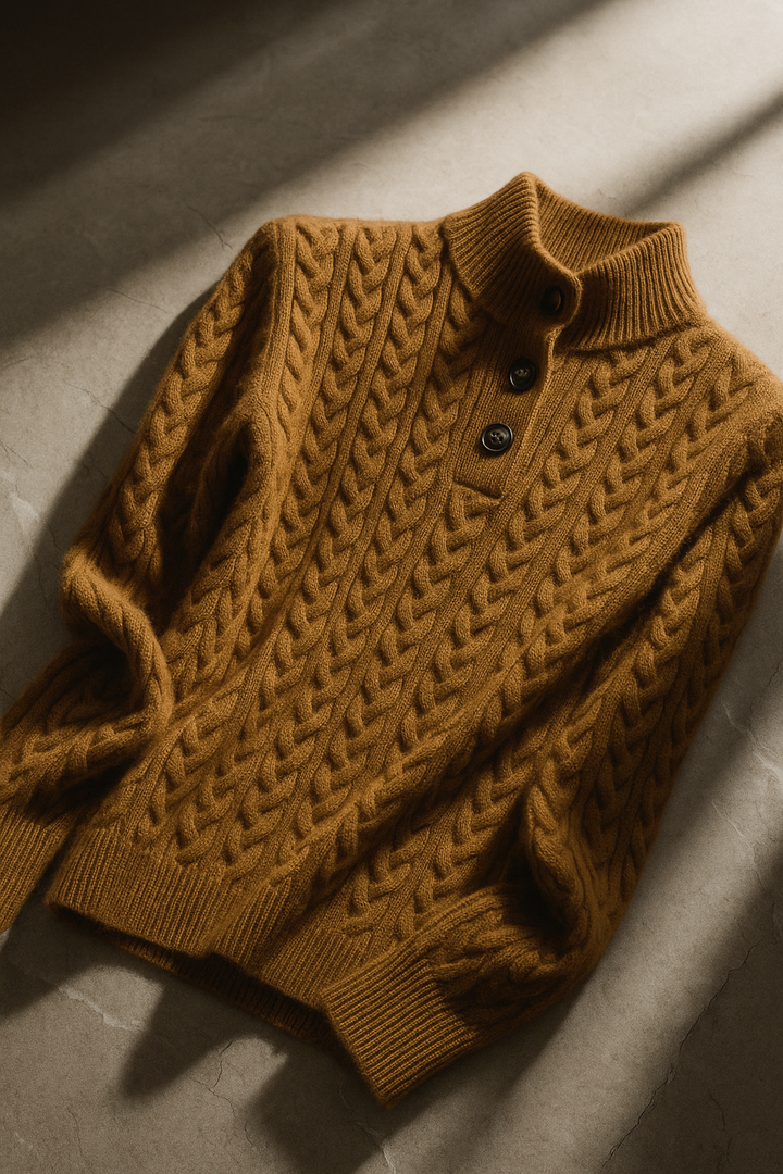 Damen Zopfstrickpullover mit Knopfleiste am Stehkragen