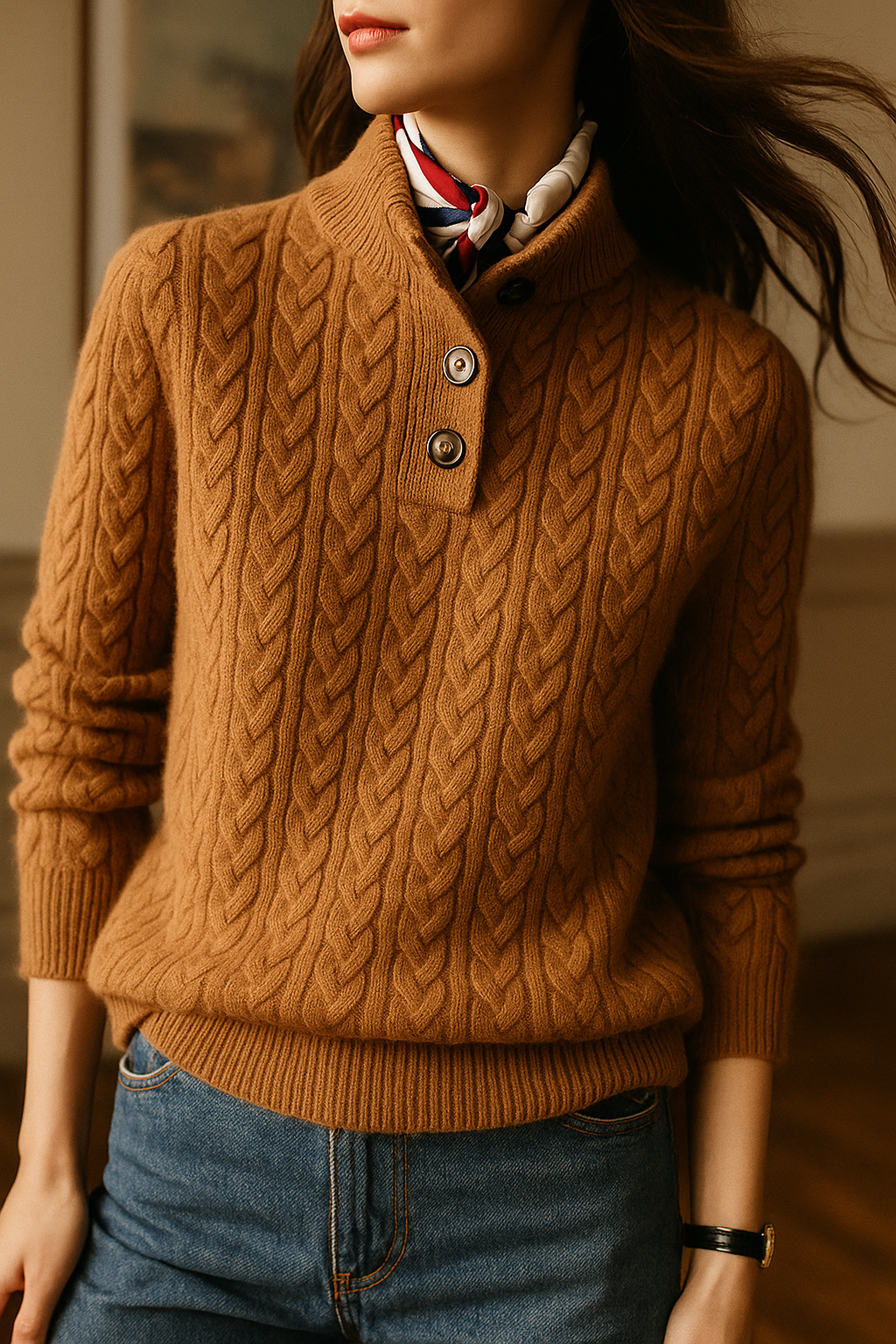 Damen Zopfstrickpullover mit Knopfleiste am Stehkragen