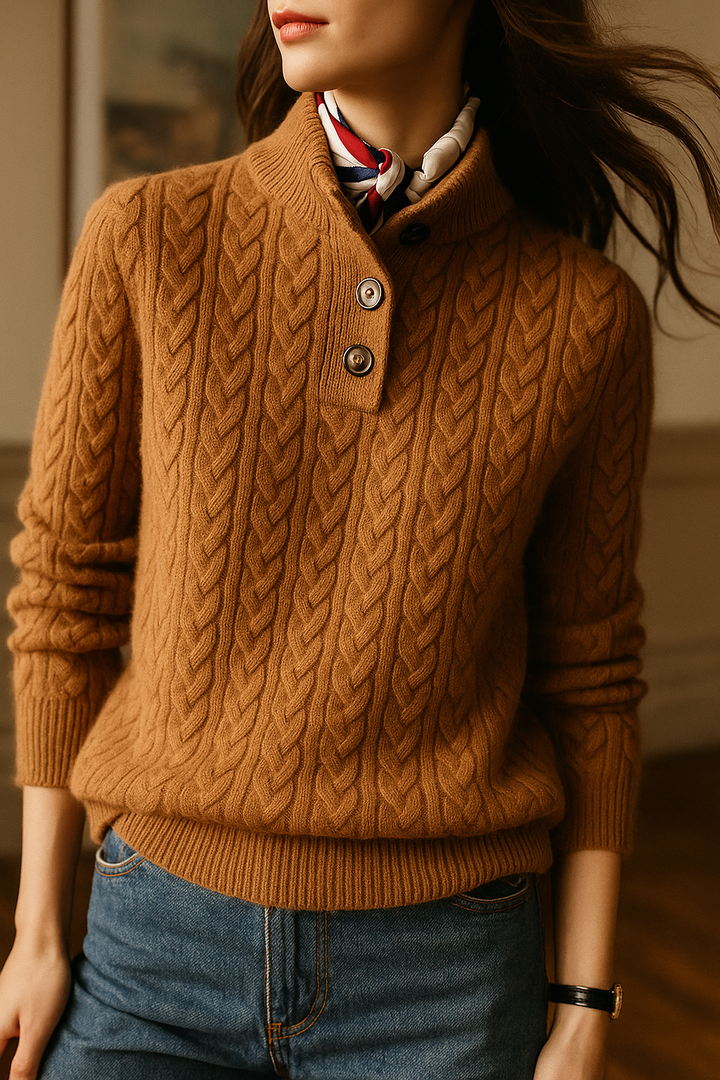 Damen Zopfstrickpullover mit Knopfleiste am Stehkragen