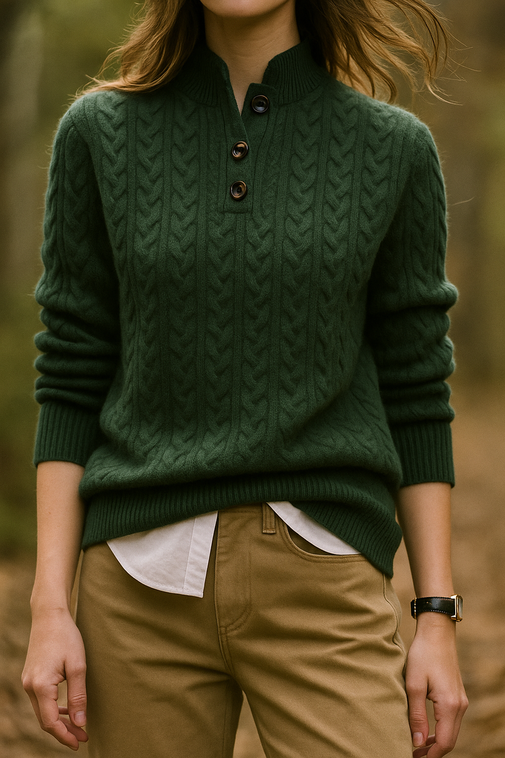 Damen Zopfstrickpullover mit Knopfleiste am Stehkragen