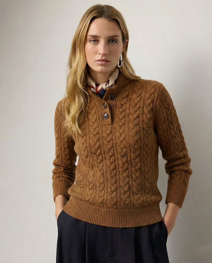 Damen Zopfstrickpullover mit Knopfleiste am Stehkragen