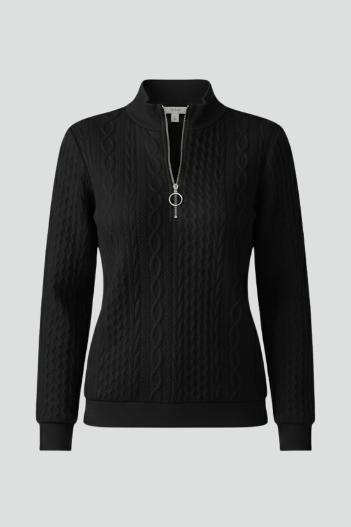 Damen Zopfstrickpullover mit kurzem Reissverschluss