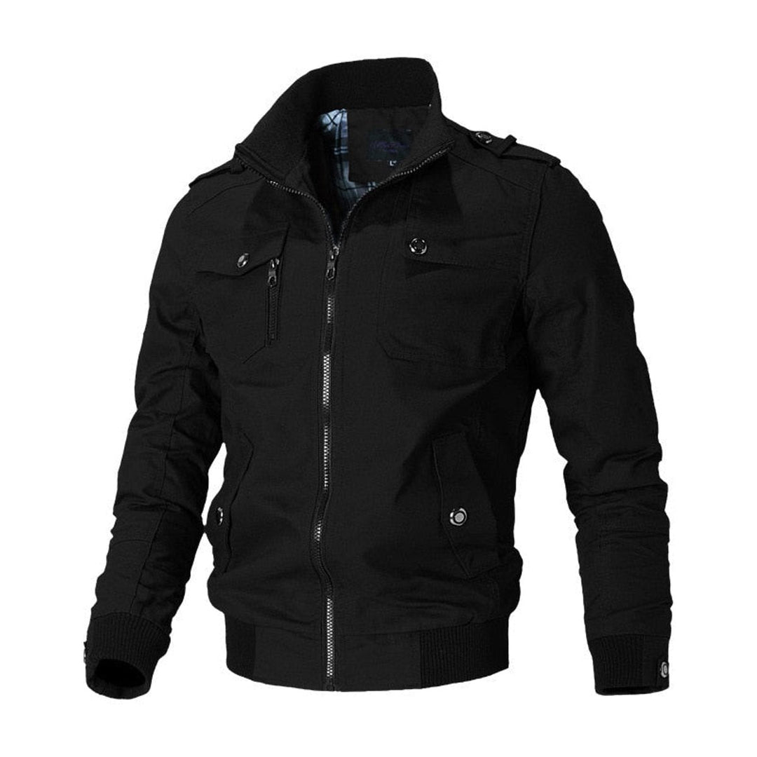 Men's Military-Style Zip-Up Bomber Jacket Ribbed Cuff - Black