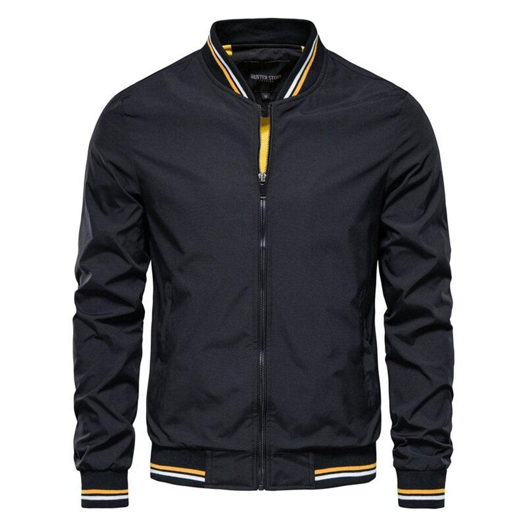 Men's Solid Zip-Up Bomber Jacket Ribbed Collar Cuffs