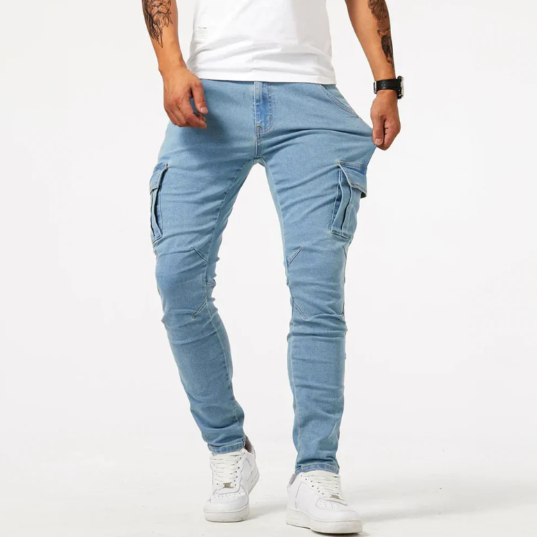 Herren Cargo-Jeans Skinny Slim Fit Seitentaschen Denim