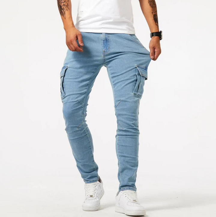 Herren Cargo-Jeans Skinny Slim Fit Seitentaschen Denim