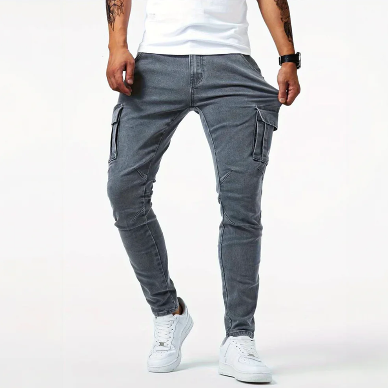 Herren Cargo-Jeans Skinny Slim Fit Seitentaschen Denim