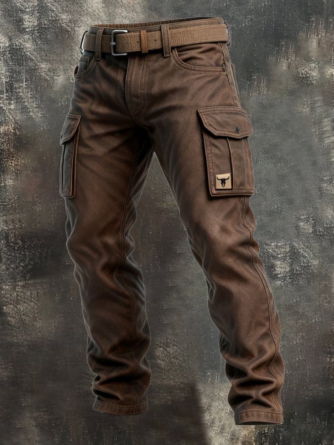 Herren Cargohose Braun Slim Fit Mehrere Taschen mit Gürtel