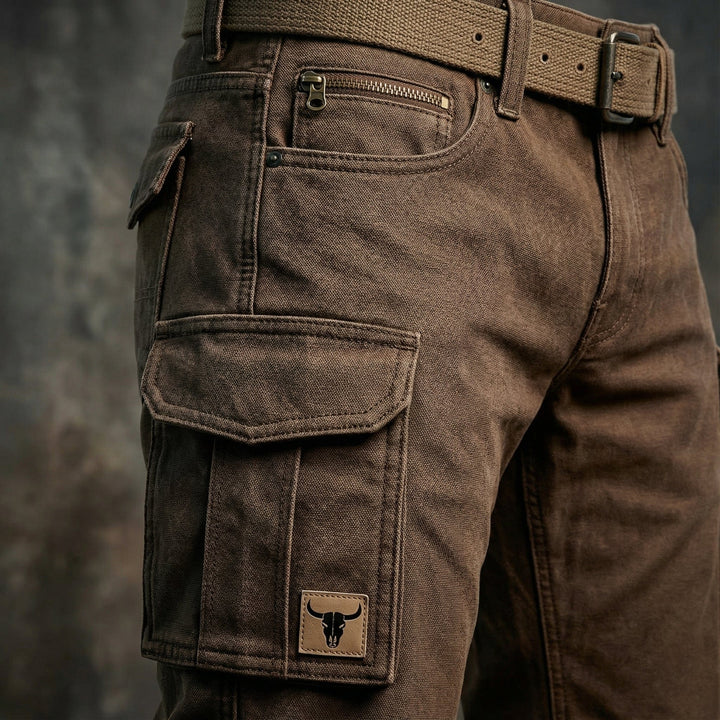 Herren Cargohose Braun Slim Fit Mehrere Taschen mit Gürtel