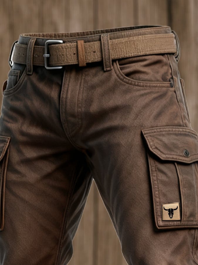 Herren Cargohose Braun Slim Fit Mehrere Taschen mit Gürtel
