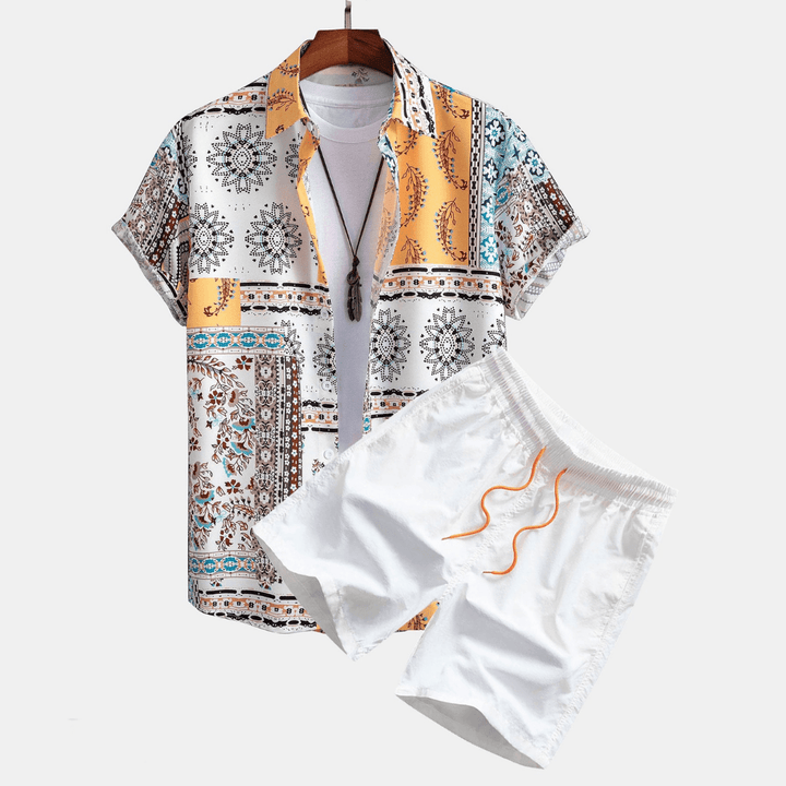 Herren Gelbes Patchwork Set Kurzarm Hemd und Shorts