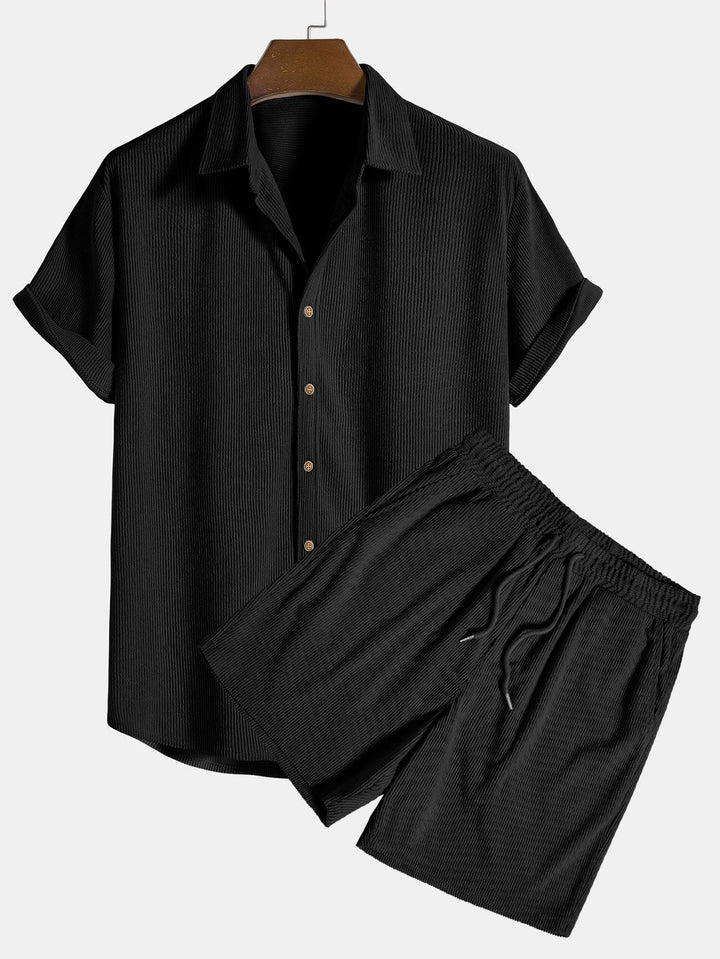 Herren Geripptes Set Kurzarm Hemd und Shorts Zweiteiler