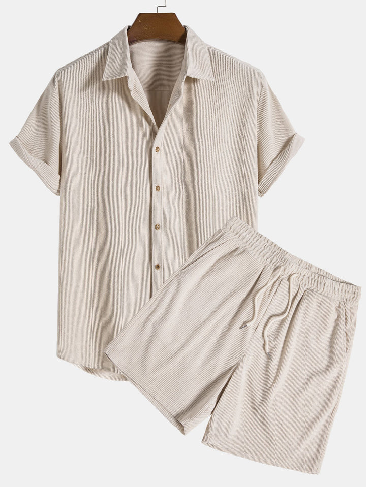 Herren Geripptes Set Kurzarm Hemd und Shorts Zweiteiler
