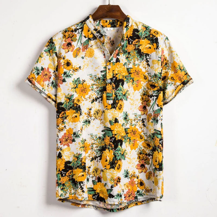 Herren Hemd Blau Blumen-Print Stehkragen Kurzarm Sommer
