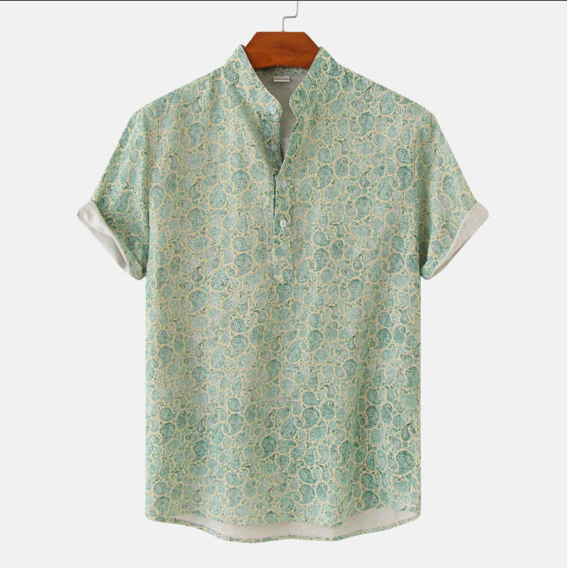 Herren Hemd Blau Blumen-Print Stehkragen Kurzarm Sommer