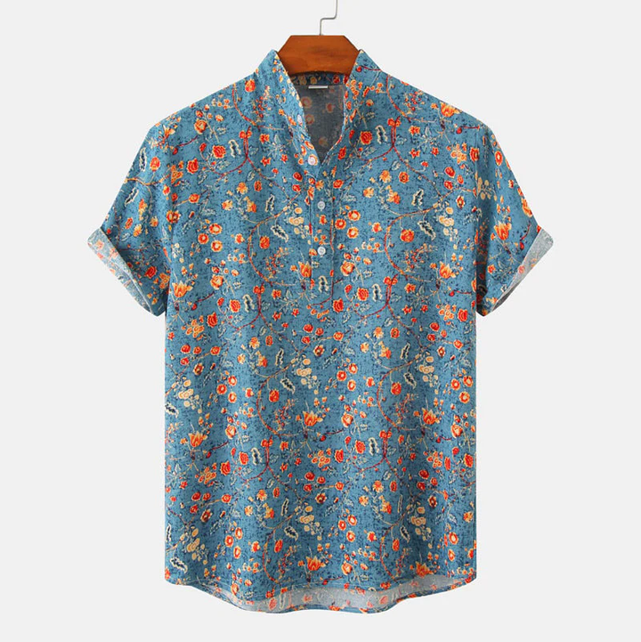 Herren Hemd Blau Blumen-Print Stehkragen Kurzarm Sommer