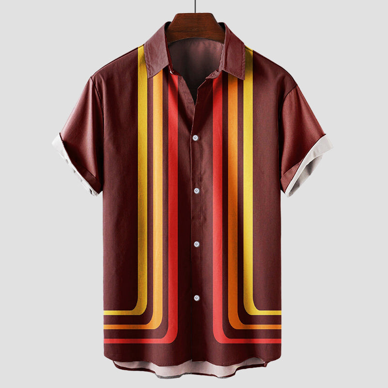 Herren Hemd Gestreift Kurzarm mit Knopfleiste Retro