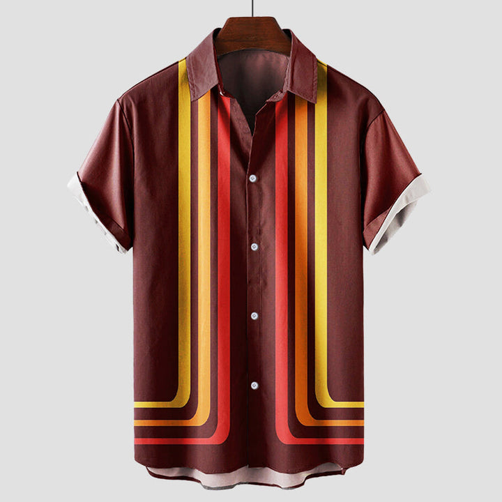 Herren Hemd Gestreift Kurzarm mit Knopfleiste Retro