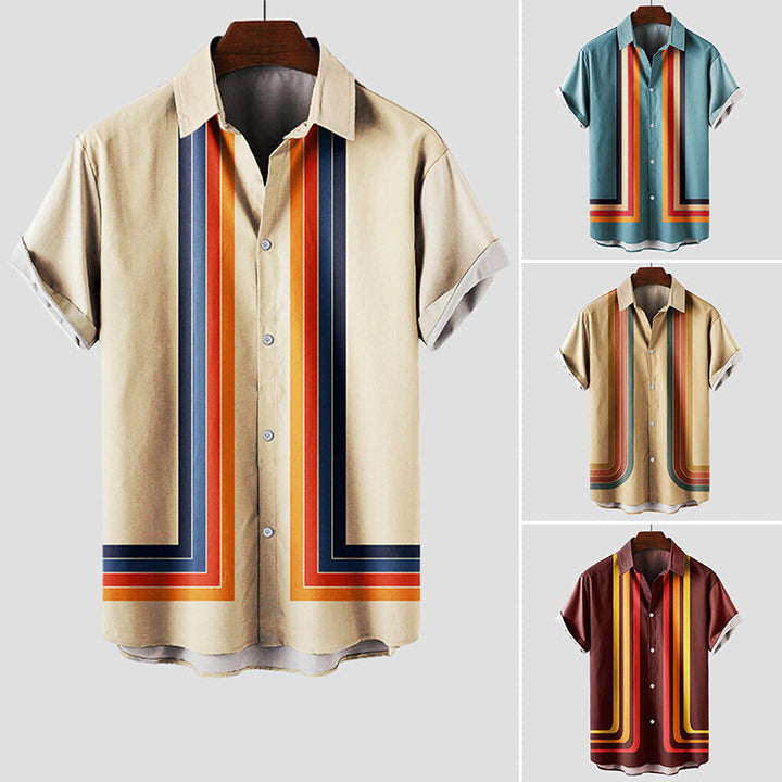 Herren Hemd Gestreift Kurzarm mit Knopfleiste Retro