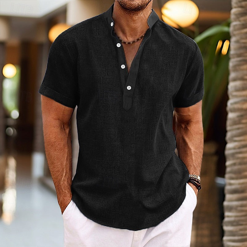 Herren Hemd Kurzarm Stehkragen mit Knopfleiste Sommer