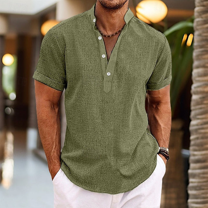 Herren Hemd Kurzarm Stehkragen mit Knopfleiste Sommer