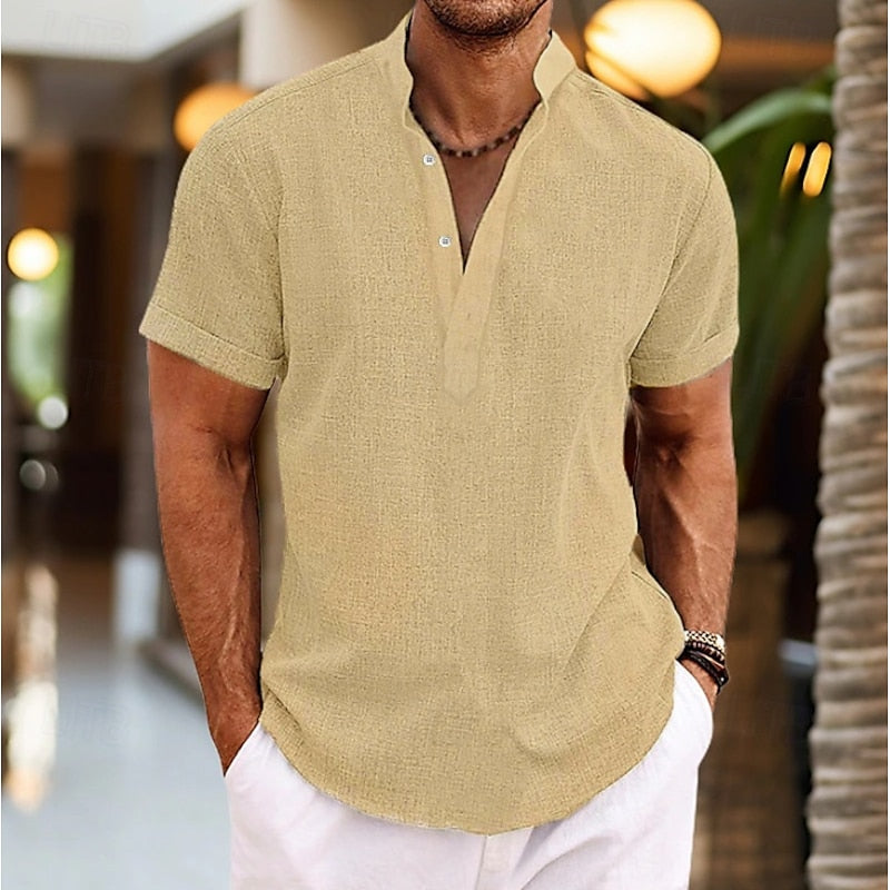 Herren Hemd Kurzarm Stehkragen mit Knopfleiste Sommer