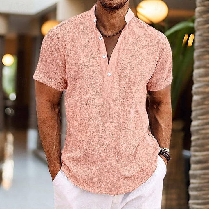 Herren Hemd Kurzarm Stehkragen mit Knopfleiste Sommer