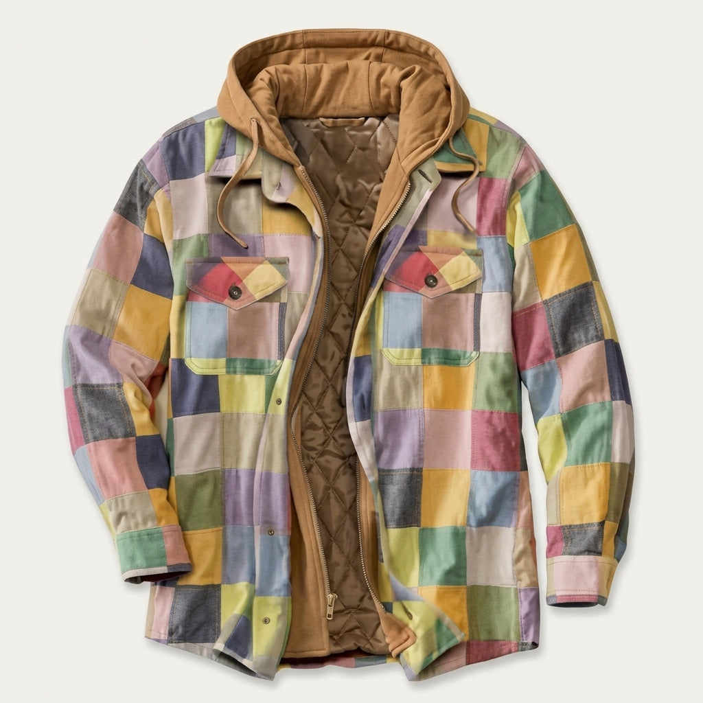 Herren Jacke mit Patchwork und Reissverschluss und Kapuze - Blau Orange