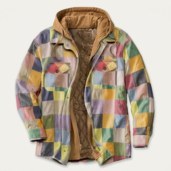 Herren Jacke mit Patchwork und Reissverschluss und Kapuze - Blau Orange