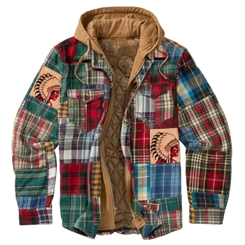 Herren Jacke mit Patchwork und Reissverschluss und Kapuze - Blau Orange