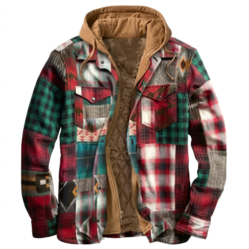 Herren Jacke mit Patchwork und Reissverschluss und Kapuze - Blau Orange