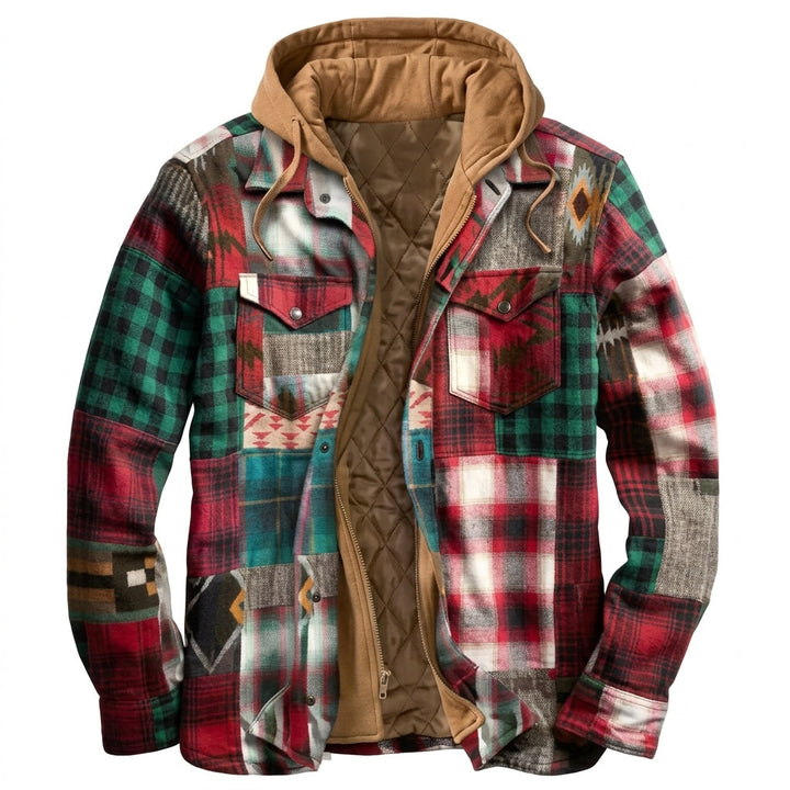 Herren Jacke mit Patchwork und Reissverschluss und Kapuze - Blau Orange