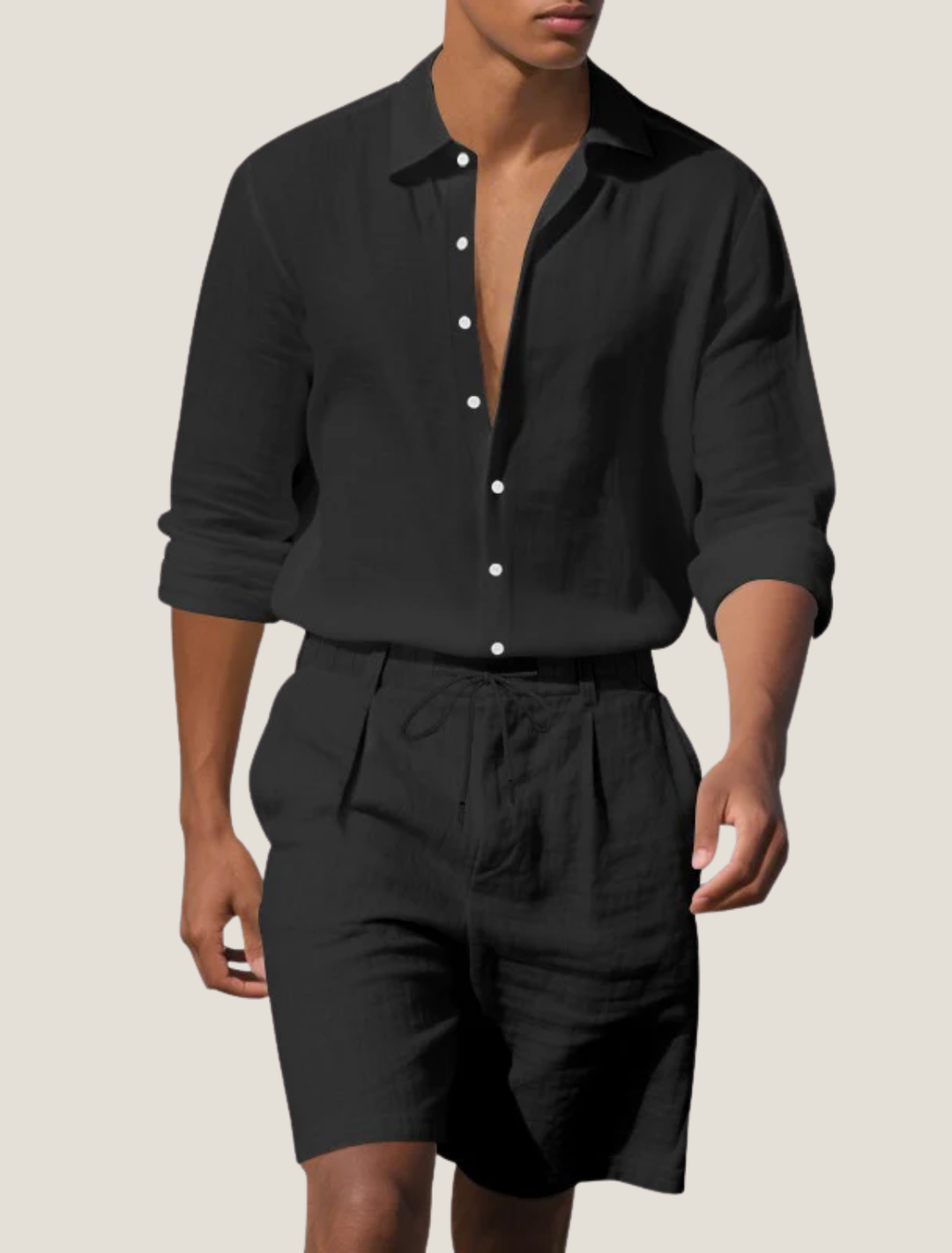 Herren Leinen-Set Kurzarm Hemd und Shorts Kordelzug