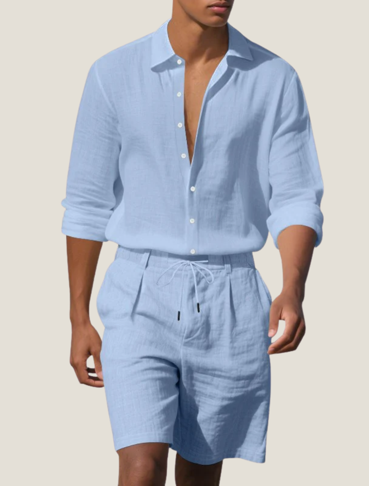 Herren Leinen-Set Kurzarm Hemd und Shorts Kordelzug