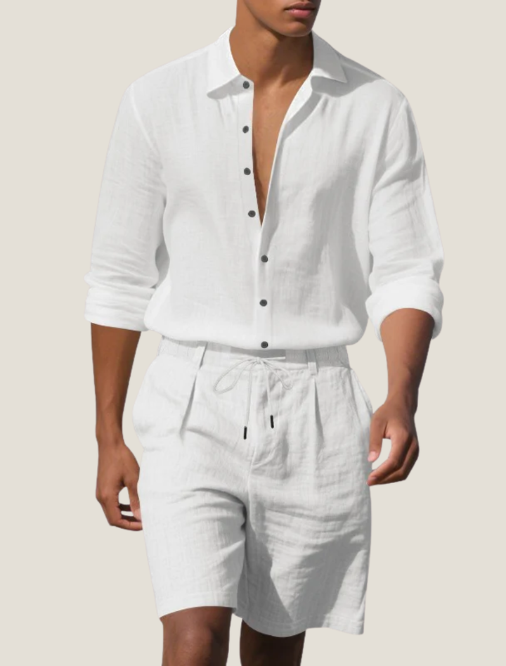 Herren Leinen-Set Kurzarm Hemd und Shorts Kordelzug