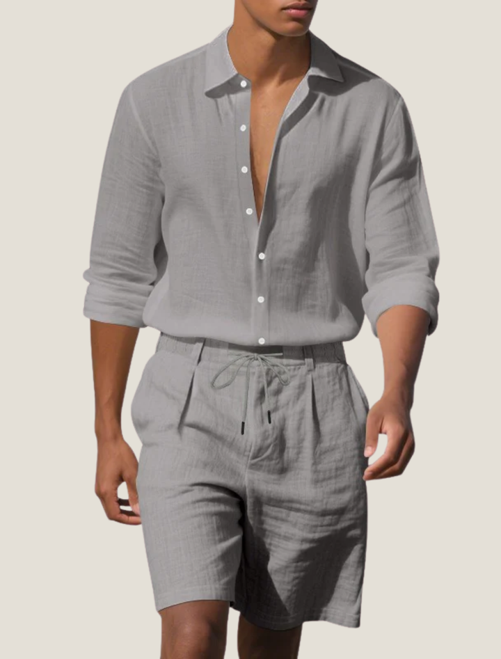 Herren Leinen-Set Kurzarm Hemd und Shorts Kordelzug