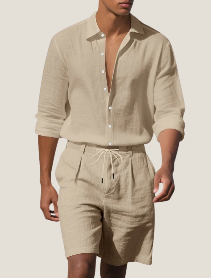 Herren Leinen-Set Kurzarm Hemd und Shorts Kordelzug