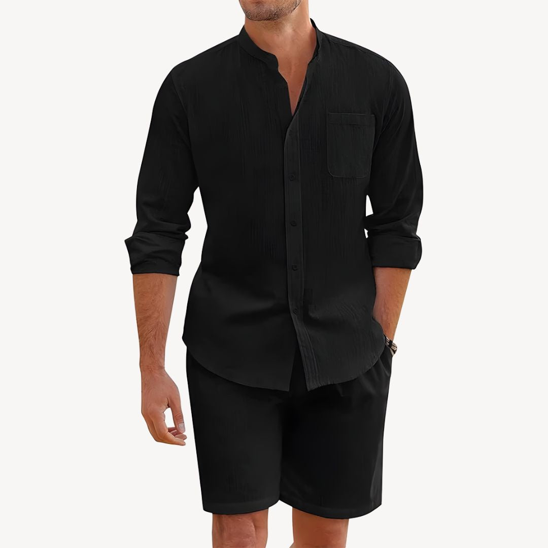 Herren Leinen-Set Kurzarm Hemd und Shorts Zweiteiler