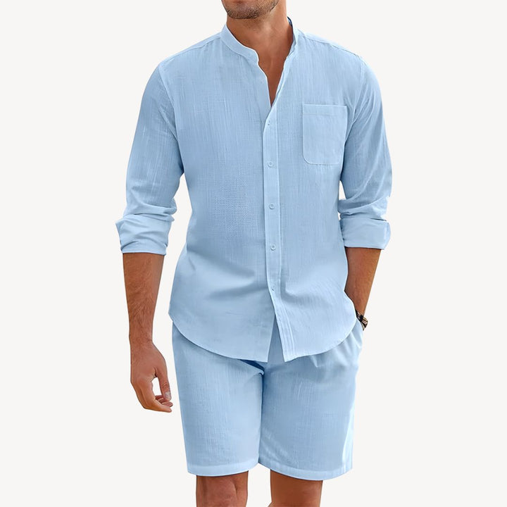 Herren Leinen-Set Kurzarm Hemd und Shorts Zweiteiler