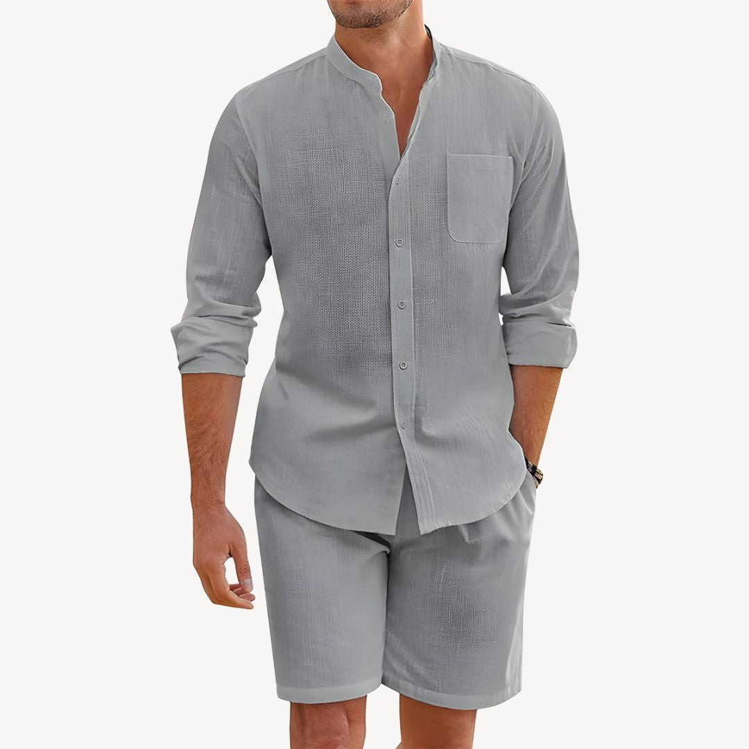 Herren Leinen-Set Kurzarm Hemd und Shorts Zweiteiler
